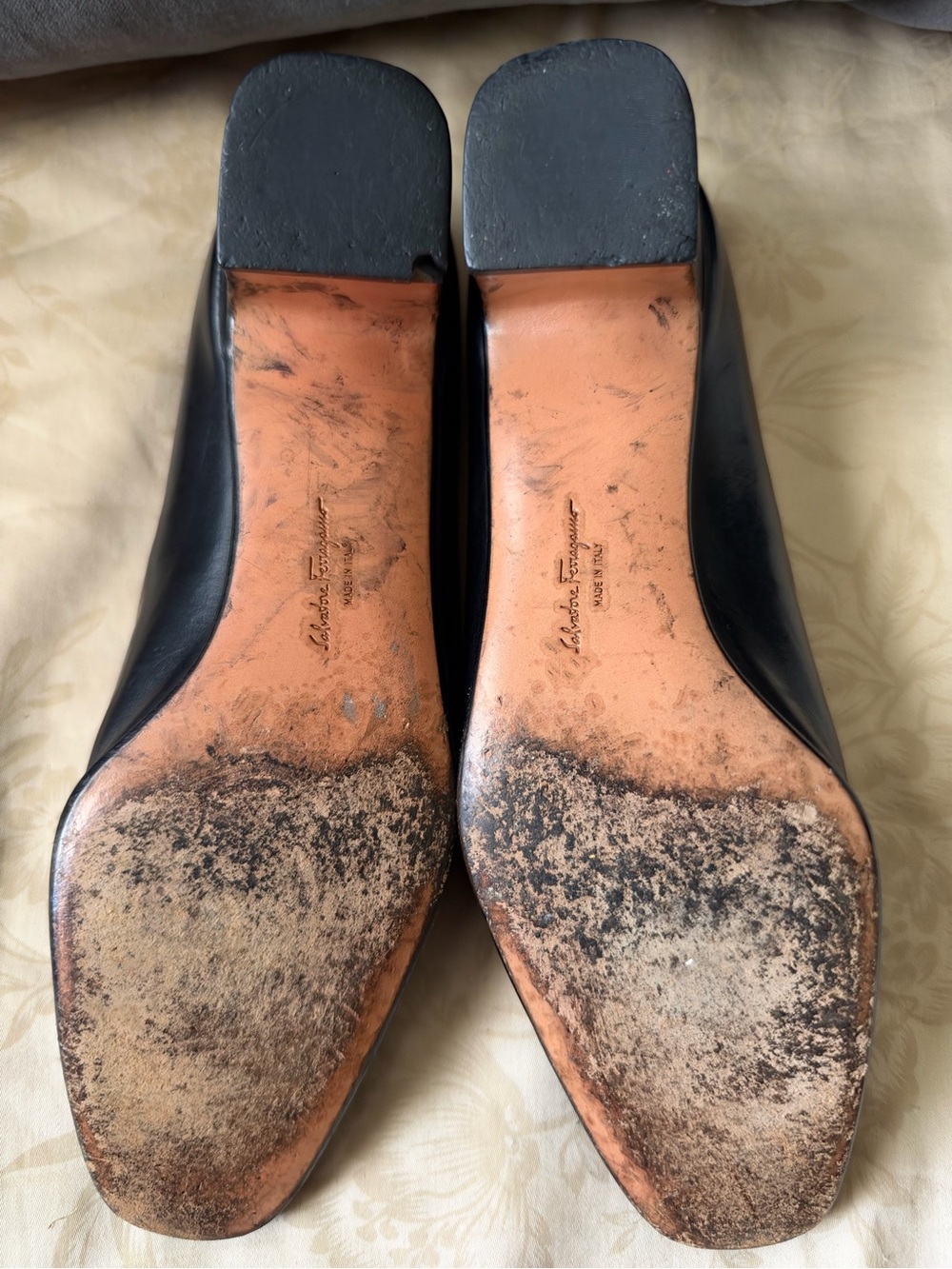 Salvatore Ferragamo Black Leather Mid-Heel Pumps with Gold Medallion - Picture 8 of 8